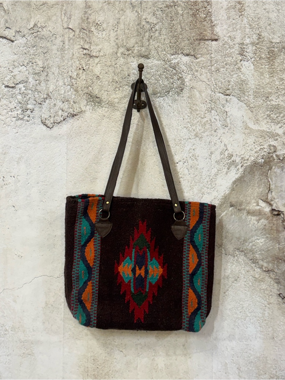 Handwoven Brown Aztec Tote Bag with Teal & Orange Accents